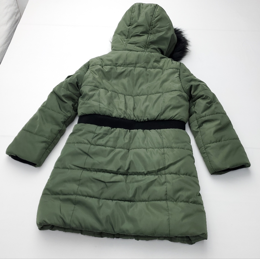 Hudson Girl’s Puffer Insulated Long Winter Green Coat Faux Fur Hoodie Lining S/7 - Picture 8 of 8